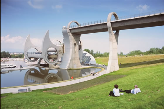 The Falkirk Wheel, a rotating canal boat lift in Scotland